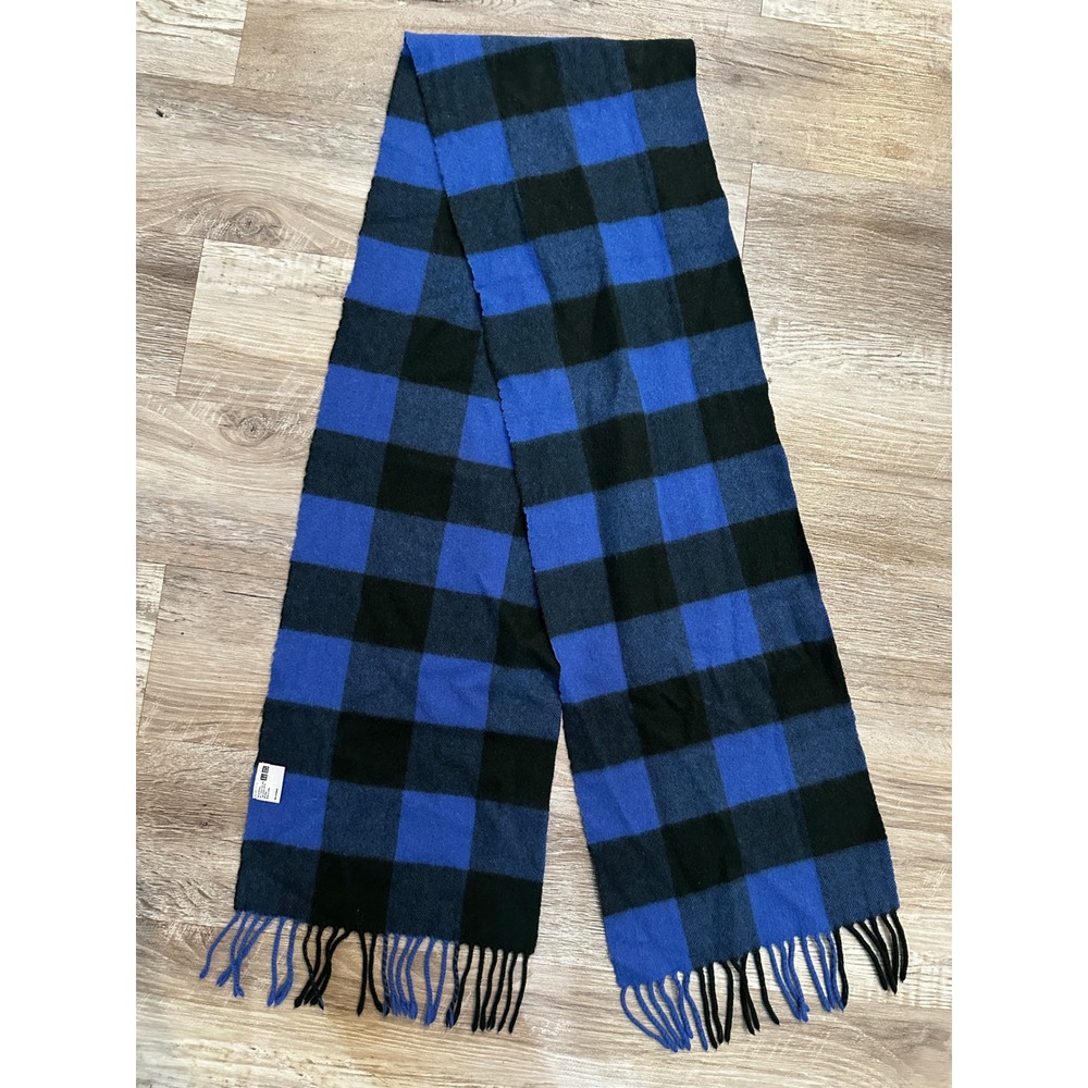 Uniqlo 100% Cashmere Scarf Blue Black Buffalo Check Plaid Fringe 64"X10"